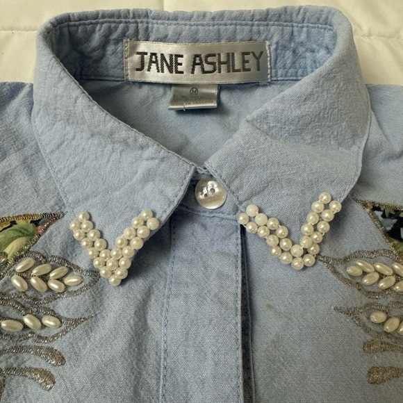 Jane Ashley VTG Beaded & Embroidered 100% Cotton Button Down Grannycore Medium - Picture 4 of 16